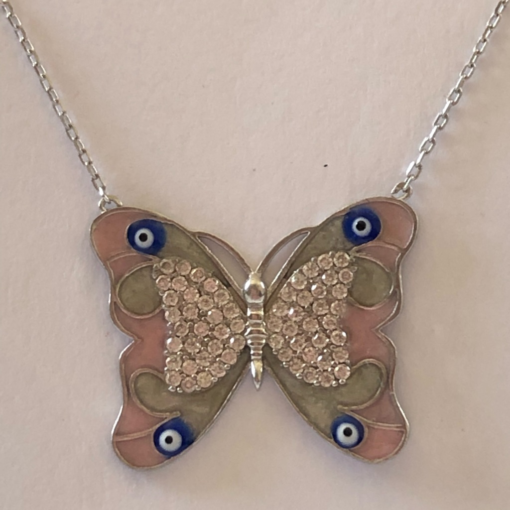 Silver Pink Butterfly Evil Eye Necklace